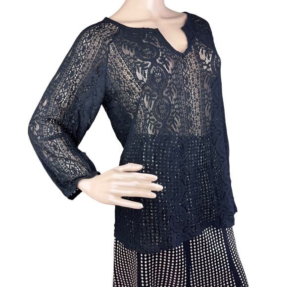 Laundry by Shelli Segal Black Lace See Thru Split Neck 3/4 Sleeve Blouse Size M - Picture 4 of 8